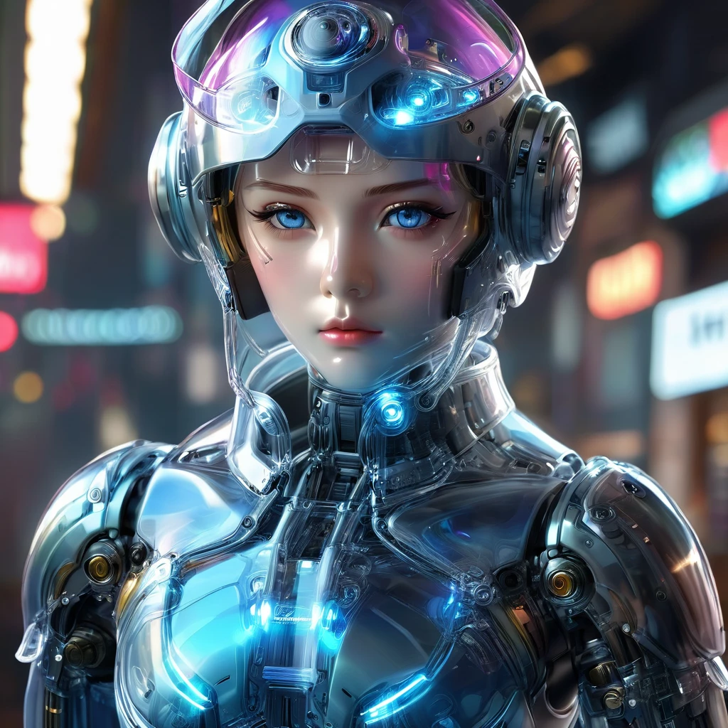 ((Fast Food Restaurant、Burger Shop、clerk、apron、hat、Food Serving:2.0))、(transparent mecha)、(Anatomically accurate body structure)、Cyberpunk Cyborg、Humanoid Cyborg、cybernetic creature、Android、Robot Arm、Future、high tech、Neon Light、Halo effects、Shining details、Reflective Metal、Complex Machinery、industrial、modern、Urban setting、Detailed facial features、Beautifully detailed eyes、Beautifully detailed lips、Very detailedな顔と目、Long eyelashes、Photorealistic、8K、Very detailed、Cinematic lighting、dramatic colors、Moody atmosphere、Concept Art、Digital Painting、Cowboy Shot:1.4