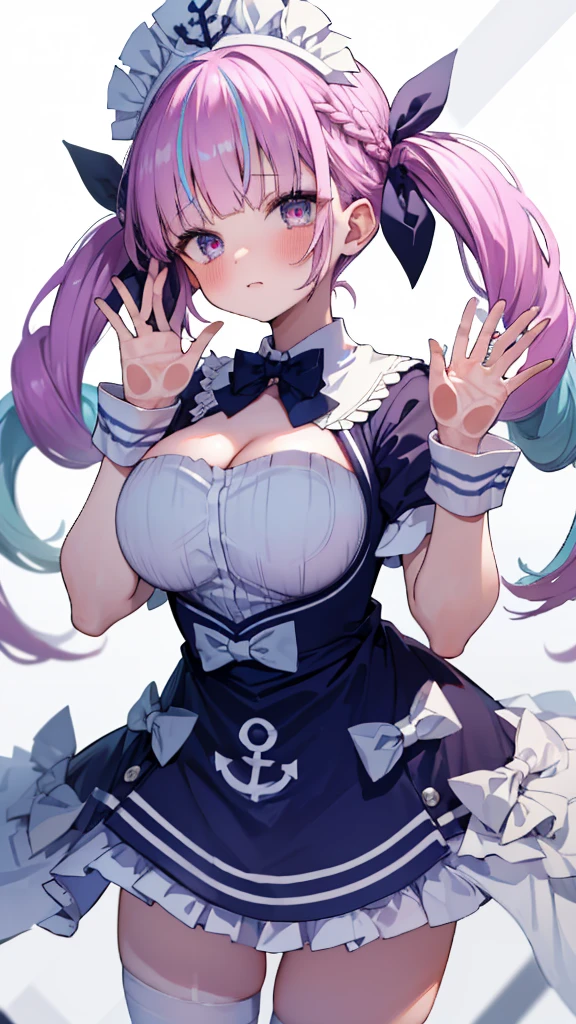 (Ultra-high resolution,masterpiece, Attention to detail, Highest quality), 8K,(aaaqua, twintails, drill hair, maid headdress, cleavage, short sleeves, wrist cuffs),(Blessed,Captivating body、Ultra-detailed skin、Super beautiful eyes、Detailed Background),One girl, (breasts_on_Glass,breast press, against Glass, hands on Glass:1.3),window fog, embarrassed, (white background:1.7), (from front:1.3),Perfect five-finger, big breasts