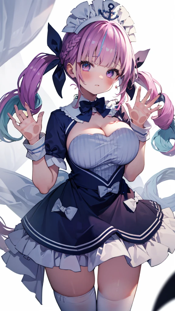 (Ultra-high resolution,masterpiece, Attention to detail, Highest quality), 8K,(aaaqua, twintails, drill hair, maid headdress, cleavage, short sleeves, wrist cuffs),(Blessed,Captivating body、Ultra-detailed skin、Super beautiful eyes、Detailed Background),One girl, (breasts_on_Glass,breast press, against Glass, hands on Glass:1.3),window fog, embarrassed, (white background:1.7), (from front:1.3),Perfect five-finger, big breasts