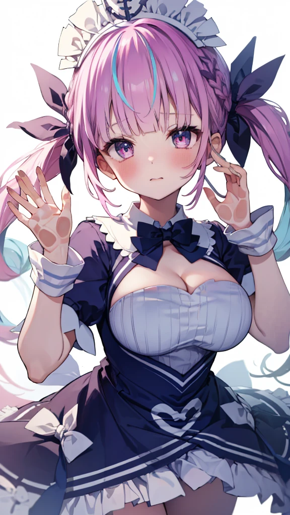 (Ultra-high resolution,masterpiece, Attention to detail, Highest quality), 8K,(aaaqua, twintails, drill hair, maid headdress, cleavage, short sleeves, wrist cuffs),(Blessed,Captivating body、Ultra-detailed skin、Super beautiful eyes、Detailed Background),One girl, (breasts_on_Glass,breast press, against Glass, hands on Glass:1.3),window fog, embarrassed, (white background:1.7), (from front:1.3),Perfect five-finger, big breasts