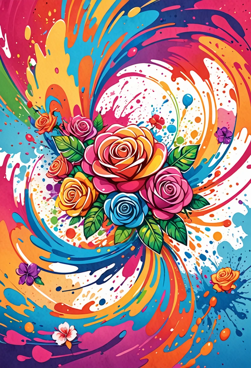 Logo with colorful illustration with many roses, At the center, swirly vibrant colors, paint splashes and smears, high détail, Hawaiian style background