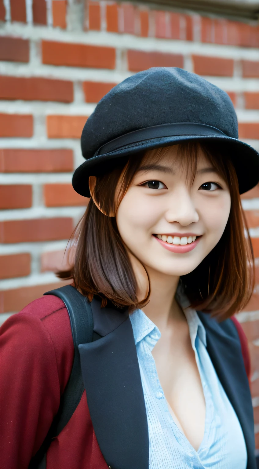 masterpiece,best quality,(Japanese ),((Beautiful girl)),cleavage,(perfect body beauty:1.2),(shy smile),beautiful teeth,(Blurred background of brick buildings),(hat),