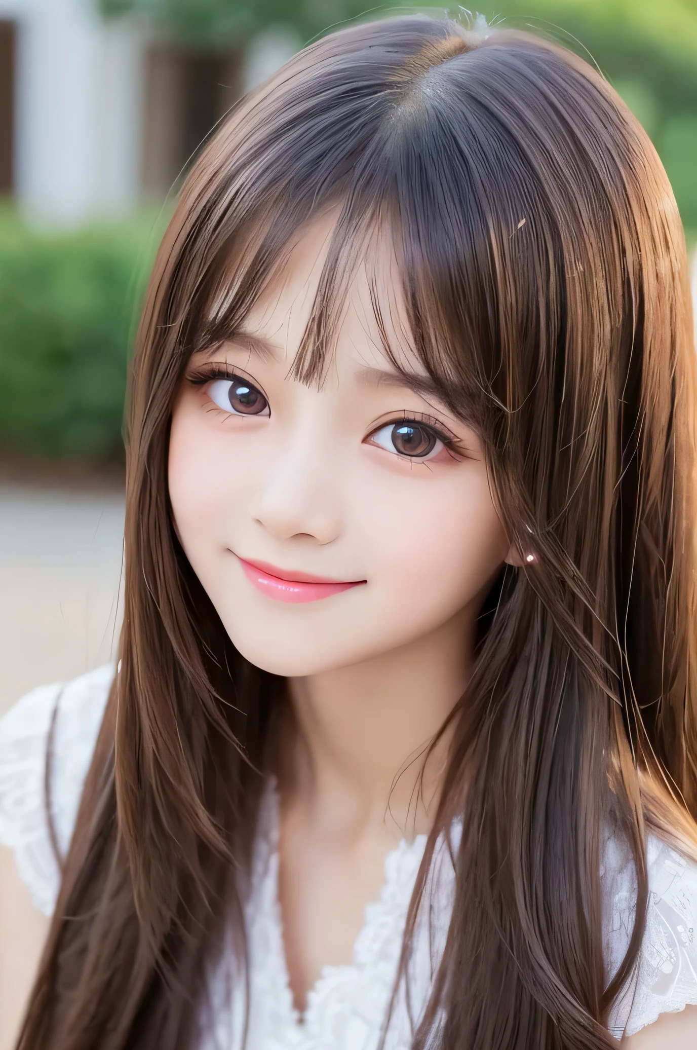 (Very beautiful cute girl), (very cute elegant face:1.2),10 yo, (sparkling clear attractive large eyes:1.2), Beautiful detailed eyes, Detailed double eyelids, (smiling), (realistic photograph:1.2), silky long straight hair,beautiful see-through bangs