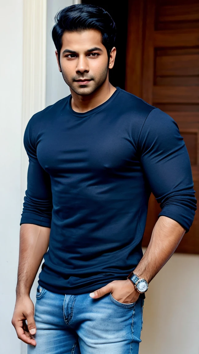 Varun Dhawan in black tshirt and blue jeans