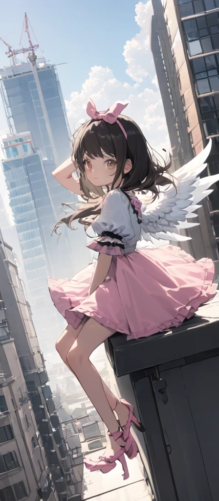 (masterpiece, best quality),from above , 1littlegirl, solo, (feathered White angel wings:1.2), yellow halo floating on top of her head,billboard, brown eyes, black hair, building, city, cloudy sky, pink  short dress with short Pink puffy sleeves,pink ribbon on her dress,pink sandal, crane \(machine\), dutch angle, from side, light frown, looking at viewer, outdoors, rooftop, sky, skyscraper