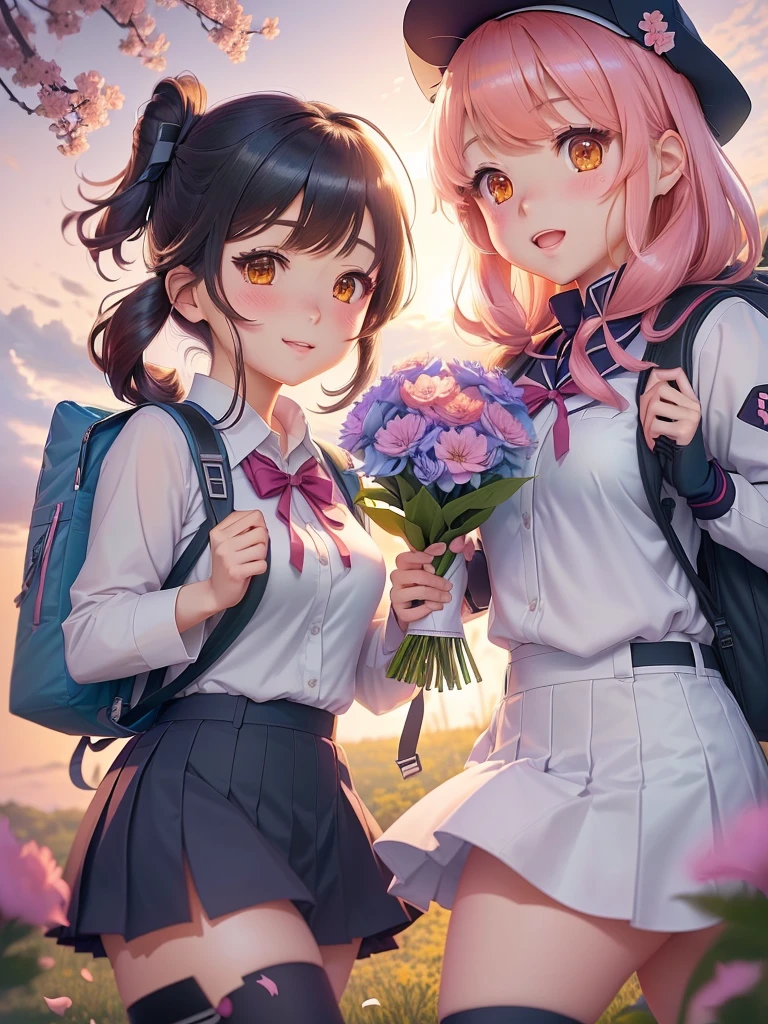 Two anime girls in uniforms holding flowers and backpacks, Anime Moe Art Style, Smooth anime CG art, High quality anime art style, Gwaiz, Rorish, Official artwork, sakimi chan, Hololive, Two beautiful anime girls, seifuku, Kantai Collection Style, JK Uniform, Cute girl anime visuals, yuruyuri