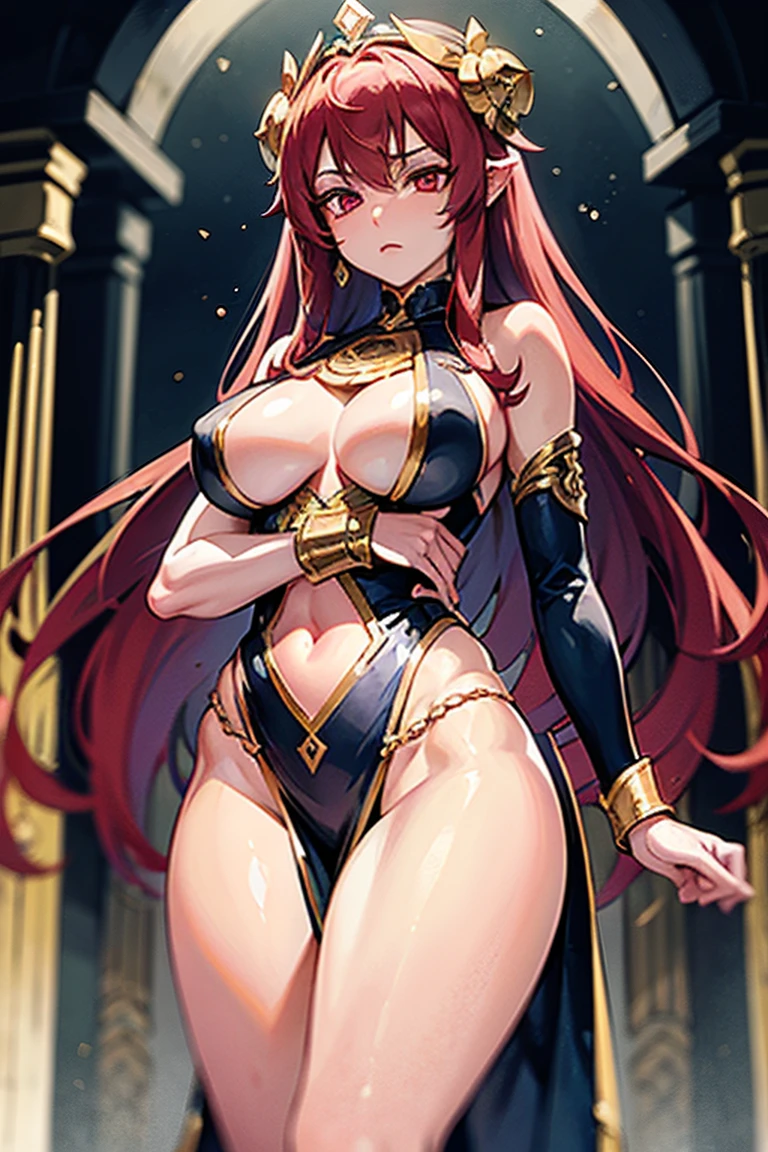 Appearance:Shallter has long, intense red hair., complementing his deep red eyes that reflect his power over blood.She is of average height, cerca de 1,65 meters, with a physical presence that combines strength and grace.Clothing Style:Shallter wears a long, fitted battle tunic, made from a resistant and flexible fabric, adorned with golden details or intricate patterns that symbolize its divine powers.Light armor is embedded in vital areas, like shoulders, Arms and legs, offering protection without compromising your agility.Sturdy gloves and sturdy boots complement the outfit, providing additional protection.fund:She is in a setting that reflects her divine status, perhaps an ancient temple with carved columns and sacred symbols in the background.The lighting is soft, highlighting her figure as she demonstrates a confident and determined pose.