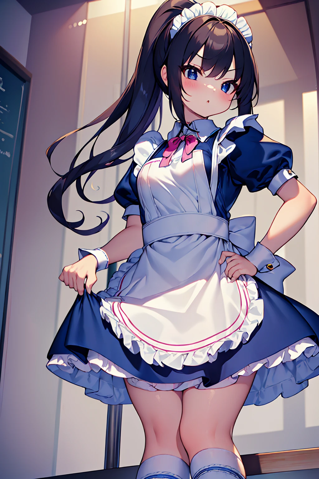 masterpiece, best quality, ultra detailed,super fine illustration, highly detailed beautiful face and eyes, 1girl, (cute), (kawaii), small breasts, (traditional maid collared shirt:1.3), mini skirt, (navy high socks), ponytail hair, standing, noshoes, (from below:1.3),