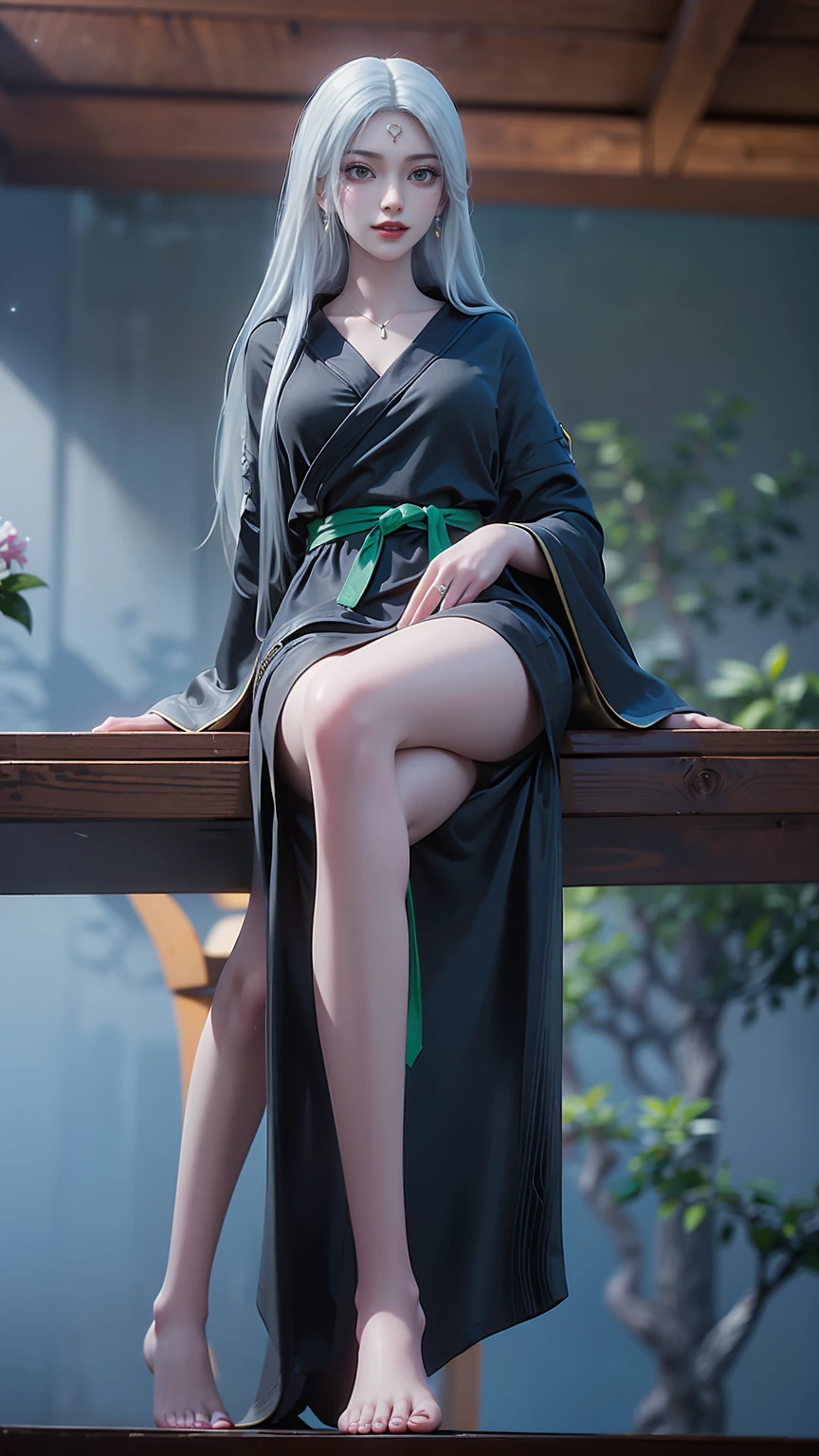 ((Shot in the knee)), ((From below)),A young girl, Wearing a skirt,At the bar, sit on the chair, Cross your legs, Posing elegantly, Detailed scenario, Messy long hair, Blush Blush, Beautiful slender legs, (Very high color saturation), details, Ultra Detailed, (masterpiece, Best quality), (Extremely exquisite and beautiful work), Delicate earrings, Exquisite necklace, Simple blur background, Extremely detailed description, Super Fine, Delicate face, slim body, Thin waist, (Grin), (Anatomically correct),whole body,barefoot,(((White long hair))),(((Green eyes)),((Black robe)),((Place one hand on your chest))