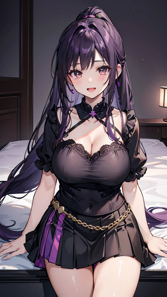1 girl, alone, long hair, Large Breasts, Cleavage, Brown eyes, ponytail, purple hair, Black skirt, , , Mature female, widow, :d, (masterpiece: 1.0), (the best_quality: 1.0), silence