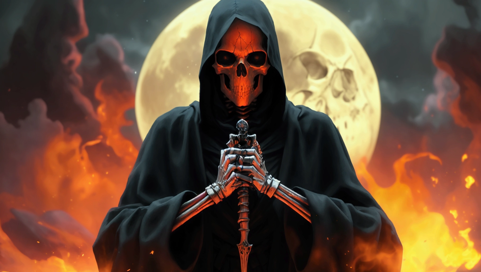 Create a frighteningly detailed and realistic depiction of the hooded figure of Death. The scene is expected to feature a black silhouette with a skull on a face and a skeletal hand holding a menacing sickle. Esta figura sinistra deve ter como pano de fundo uma noite nebulosa iluminada pela luz fria da lua. A imagem deve exalar uma atmosfera sinistra e arrepiante. Use Octane rendering to capture realistic textures and lighting. The resolution should be an impressive 8K, ensuring extraordinary clarity and precision in portraying the sinister aspect of Death.