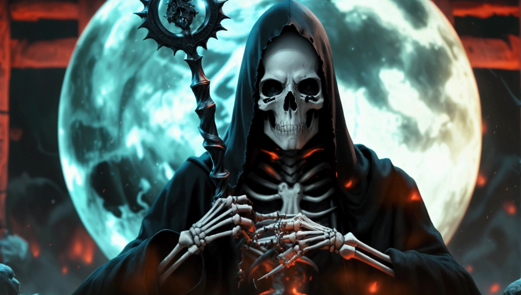 Create a frighteningly detailed and realistic depiction of the hooded figure of Death. The scene is expected to feature a black silhouette with a skull on a face and a skeletal hand holding a menacing sickle. Esta figura sinistra deve ter como pano de fundo uma noite nebulosa iluminada pela luz fria da lua. A imagem deve exalar uma atmosfera sinistra e arrepiante. Use Octane rendering to capture realistic textures and lighting. The resolution should be an impressive 8K, ensuring extraordinary clarity and precision in portraying the sinister aspect of Death.