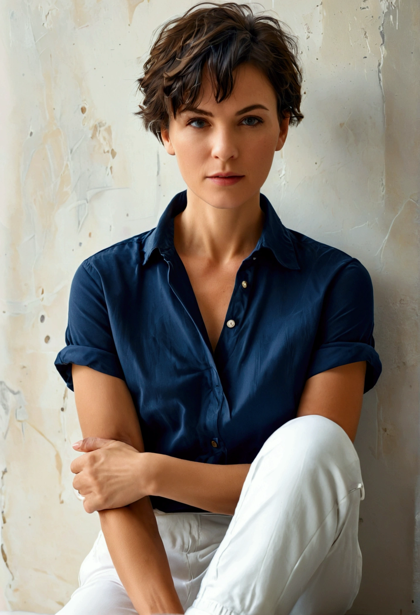 woman, short hair, Navy blue short-sleeved, loose-fitting shirt., Navy blue pants, long, straight legs, reaching to the ankles., white sneakers