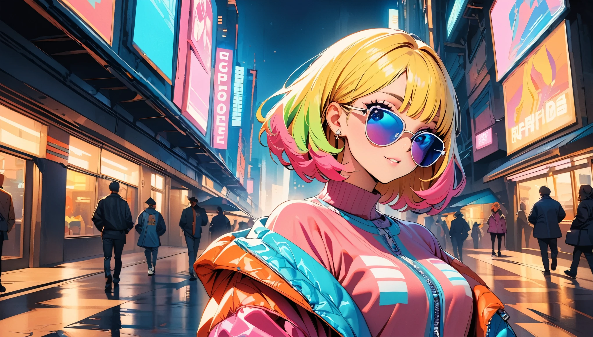 (highest quality:1.2, City Pop Style, Very detailed, up to date, Vibrant, High Contrast, masterpiece:1.2, highest quality, Best aesthetics), girl, Colorful hair, Bobcut, pastel colour, 1980s style, ((The metropolis of the future, Retro, Vintage)), Logo jumper, (sunglasses).sexy
