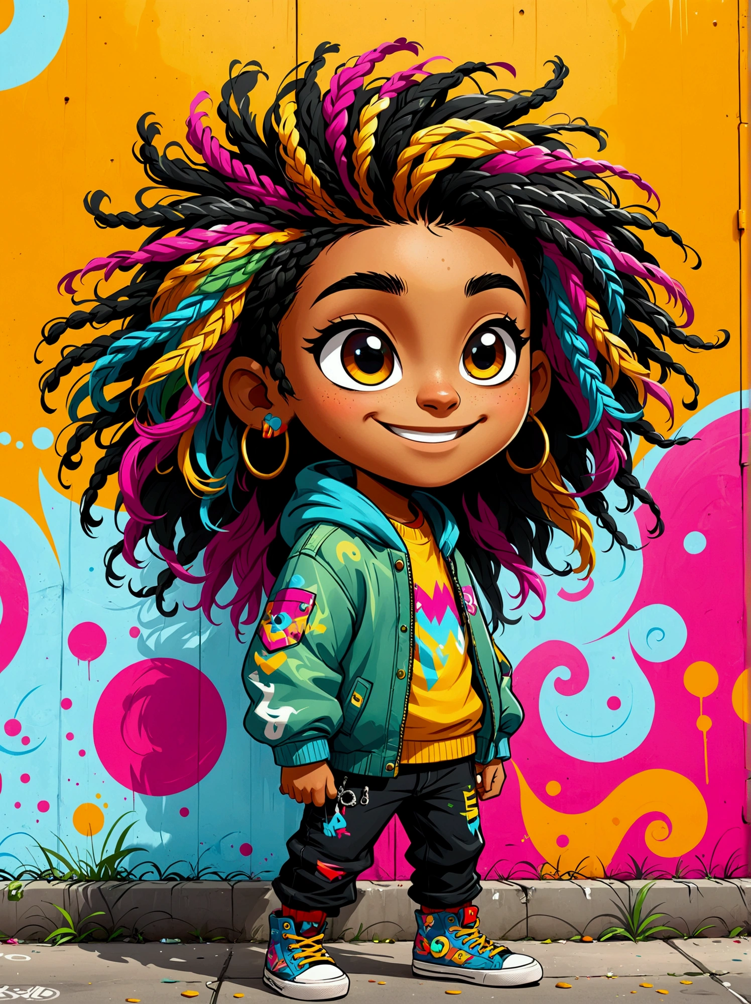 graffiti style，Cartoon characters，vector illustration，****ung boy，boku，large, expressive eyes，friendly smile，gorgeous clothing，colored hair，dreadlocks，Unique and wild hairstyle，站在graffiti style的背景前，Add whimsy to the scene