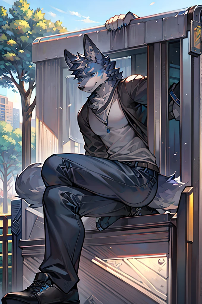 Masterpiece, Solo, Furry Gray Wolf, Gray Fur, Blue Eyes, Gray Short Hair, Medium Muscular Body, Handsome, Good Looking, Casual Shirt, Fierce, Cool Pose, Park Background.