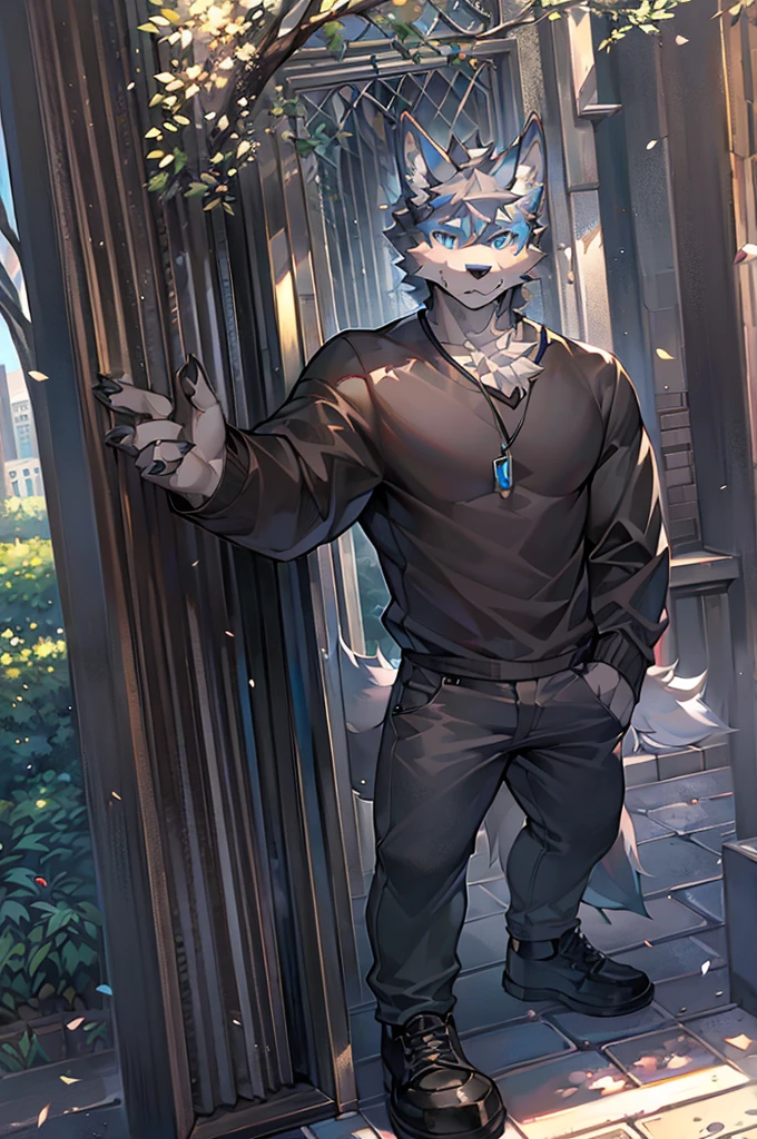 Masterpiece, Solo, Furry Gray Wolf, Gray Fur, Blue Eyes, Gray Short Hair, Medium Muscular Body, Handsome, Good Looking, Casual Shirt, Fierce, Cool Pose, Park Background.