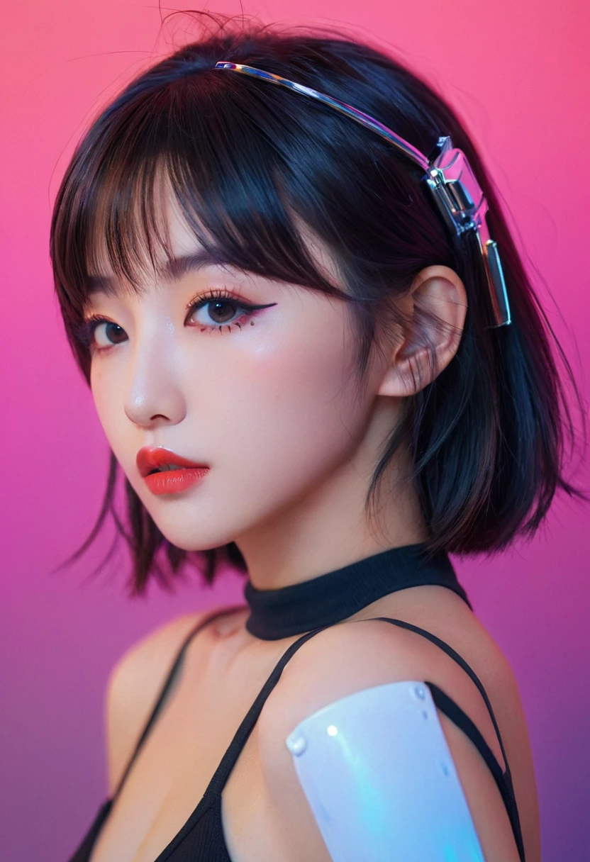 A beautiful cyber punk girl, detailed eyes, detailed lips, long eyelashes, perfect face, knee socks, cleavage, full body shot, Kuvshinov art style, gradient background, (best quality,4k,8k,highres,masterpiece:1.2),ultra-detailed,(realistic,photorealistic,photo-realistic:1.37),vivid colors,cinematic lighting