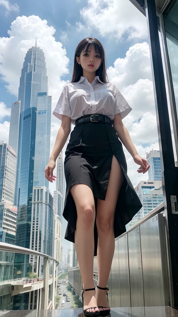 A towering Giantess in a white shirt, short sleeves, black color pleated skirt, black belt, looking at viewers, Her toned and she lean and slender body. She seems to be casually strolling through the bustling cityscape of Bangkok City, skytrain, as towering buildings loom overhead. Smoke and clouds roil around her, adding to the sense of epic scale and drama. The lighting is clear and realistic full body, The perspective is from below.