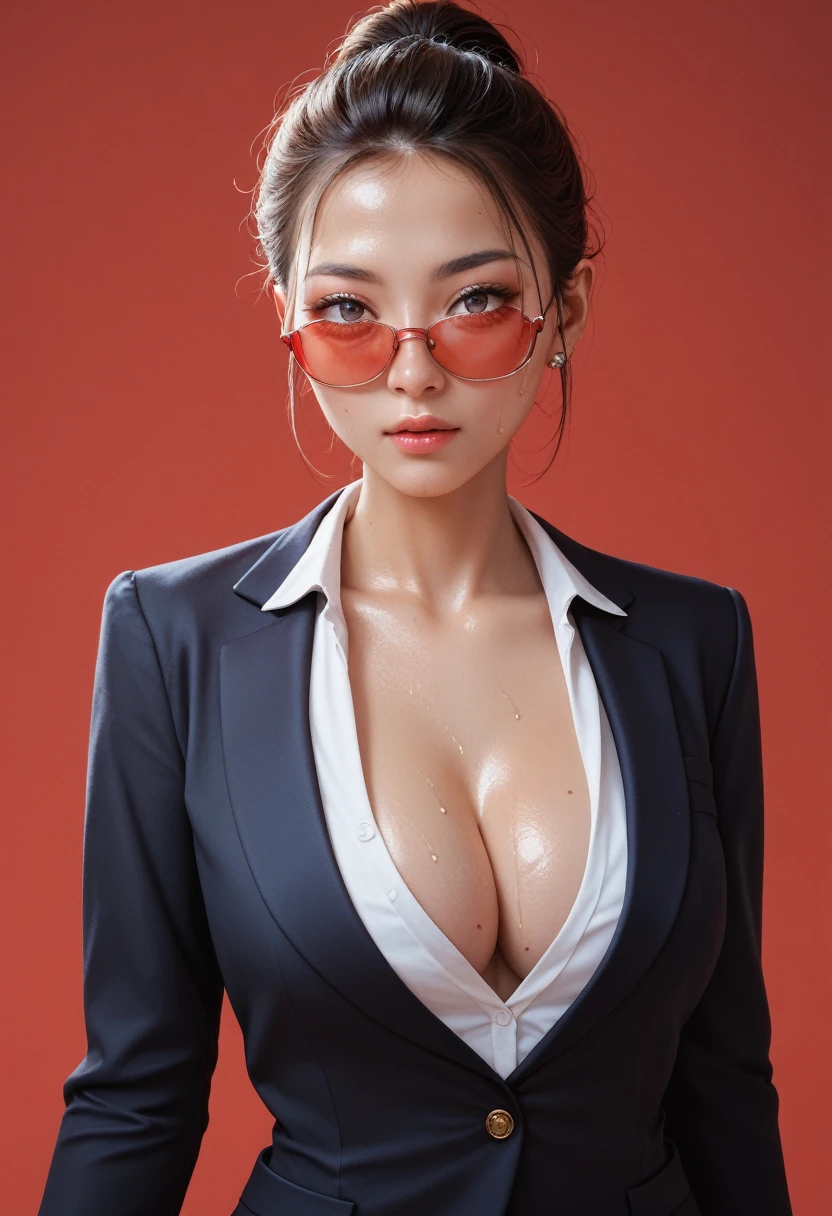 digital painting, score_9, score_8_up, score_7_up, score_6_up, 1girl, japanese, beautiful face, young, 20 years old, standing, red background, red sunglasses, deep cleavage, sweat, black office suit, jewelry, model pose