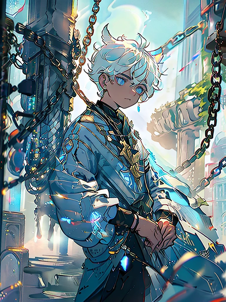 A young man in his 20s,White hair,Blue Earring Dye,Blue and eyes,Wolf ears,Royal,Gorgeous clothing,Black military uniform,Gem Eyes,Delicate and beautiful eyes,night,aurora,cross,Chain