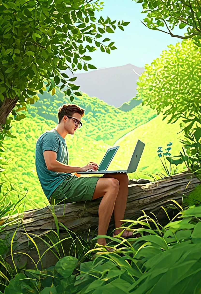 a young man working on a laptop, remote work in nature, summer, digital illustration, concept art