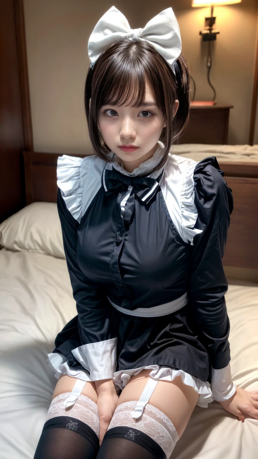 masterpiece, best quality, illustration, Super detailed, fine details, High resolution, 8K,wall paper, perfect dynamic composition,(Details High quality, realistic depiction of eyes:1.3), short hair, (wavy hair:1.2), huge breasts, hotel room, (bow ribbon, Maid, knee high socks:1.3), Aside Cutter Shirt, frill skirt, huge breasts, Don't expose it, ponytail,  black hair color, Big Natural Color Lip, perfect body shape, bold sexy pose, crying a little、Harajuku style、20 year old girl、cute type、ta、beautiful legs, full body photo、focus on crotch, hposing Gravure Idol