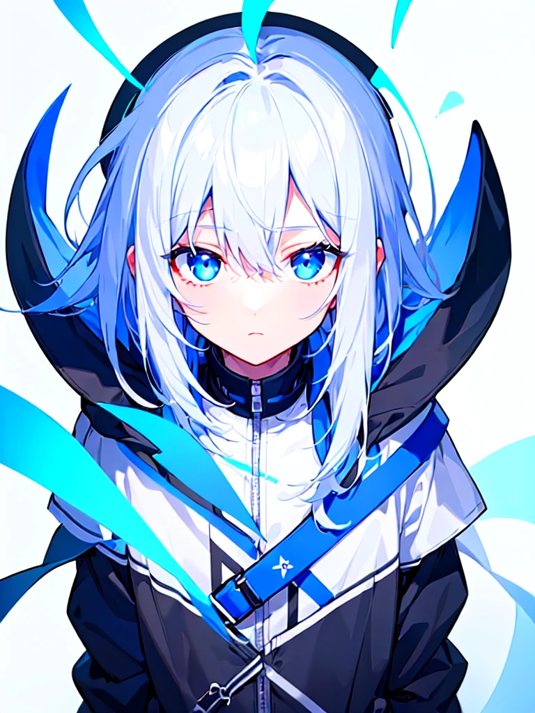 [(WHITE BACKGROUND:1.5),::5], ((((masterpiece)))), high quality, ultra very high resolution, full color, (((solo))), (()), WHITE hair, ((Blue inner hair)), (Blue eyes), anime, ((upper body)), black parka, 