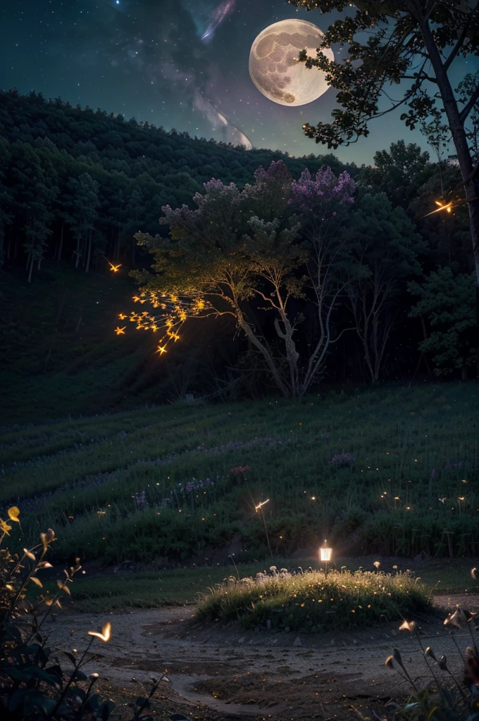 Expansive landscape photograph, (view from below with a view of the sky and the wilderness below),  standing in a flower field looking up, (full moon: 1.2), (shooting star: 0.9), (nebula: 1.3), distant mountain, tree break production art, (warm light source: 1.2), (firefly: 1.2), lamp, purple and orange, intricate detail, volume lighting BREAK (masterpiece: 1.2), (highest quality ), 4k, ultra-detailed, (dynamic configuration: 1.4), highly detailed and colorful details (iridescent: 1.2), (sparkling lighting, atmospheric lighting), dreamy, magical, (solo: 1.2)