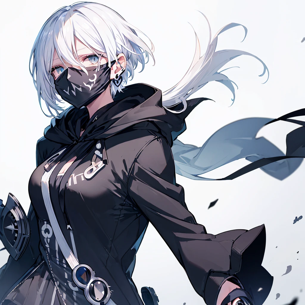 (((((Black Mask revolver))))) ((((Black hoodie woman)))) (((blue eyes White Hair Short Hair))) ((Shiny earrings black ribbon Catch the wind)) White background Shining Edge Shining Background