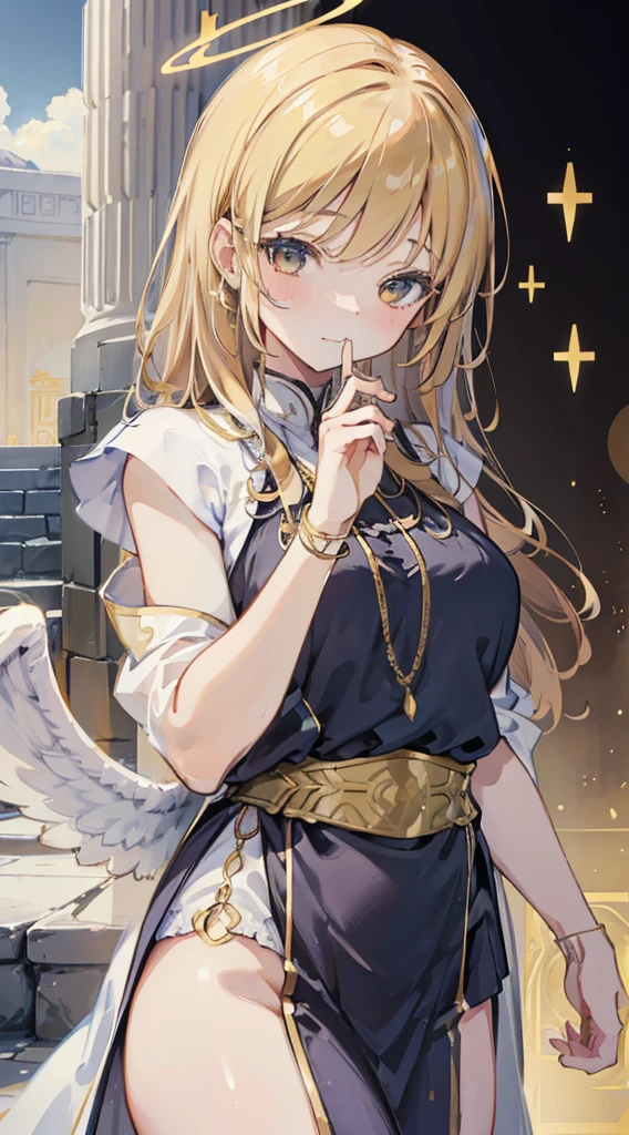 goddess，Fantasy style，Magic Style，Greek style，White gold color scheme，White and gold，goddess，Halo，Divinity，wing，wing，wing，wing，wing，Big breasts大屁股，Big breasts，Full figure，Royal sister，graceful，Noble temperament，robe，高开叉robe，Golden runes，Kingdom of Heaven background，Ancient Greek temple background，Close-up above the waist，Upper body close-up，Western style，Western style clothing，古希腊robe