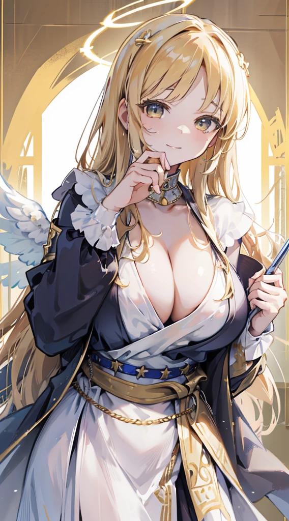 goddess,Fantasy style,Magic Style,Greek style,White gold color scheme,White and gold,goddess,Halo,Divinity,wing,wing,wing,wing,wing,Big breasts大屁股,Big breasts,Full figure,Royal sister,graceful,Noble temperament,robe,高开叉robe,Golden runes,Kingdom of Heaven background,Ancient Greek temple background,Close-up above the waist,Upper body close-up,Western style,Western style clothing,古希腊robe