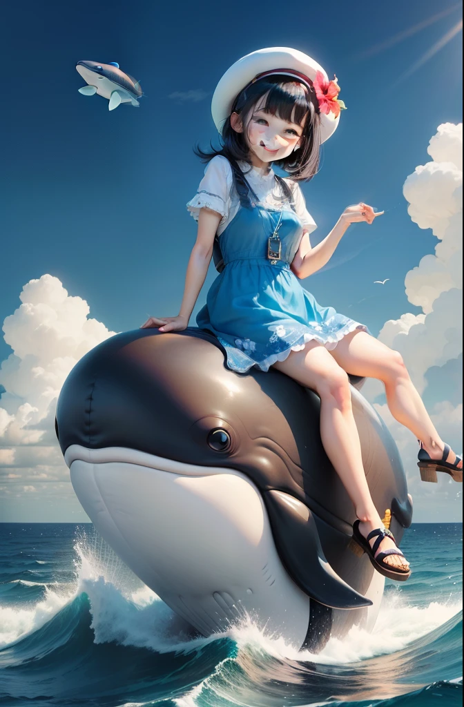 High quality,Masterpiece, Chibi, Nerdrooid, Mega Mini, hat ,cute whale, blue dress, have dark hair, Bob hairstyle, metal, Okinawa style, sitting on a whale, hibiscus, full body, Sitting, smiling, laughing, happy