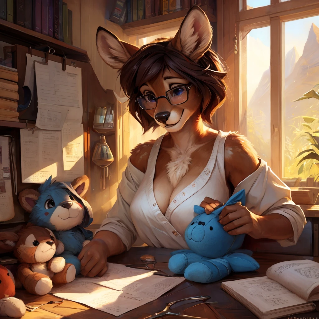 uploaded on e621, by Pixelsketcher, by Bayard Wu, by Thomas Benjamin Kennington , by Einshelm, by hioshiru and kenket, Chunie, portrait, solo anthro female deer doe, with small featureless breasts, clear dark blue, cinematic lighting, day, sunny day, Workspace, sitting at a desk, Workspace background, shiny, shoulder long curly dark brown hair, wears big black nerd glasses, very very beautiful furry art, furry art, smiling, joyful, shiny, happy, feminine, cute face, muzzle, fluffy chest, flawless face, Fallow deer, 1girl, Sakimichan is beautiful, Masterpiece, Wavethesallow Face, shiny, Detailed image, portrait, Detailed image, portrait, full body, wearing wide, long, white blouse, shiny, realistic face, perfect anatomy, hourglass body, (furry body:1.1), anthropomorphic deer, small fluffy tail, detailed background, (cute anatomy:1.1), focused on work, sewing a plushie, working on a plushie, sewing, sewing mashine, many plushies, sew, sewing, embordering,