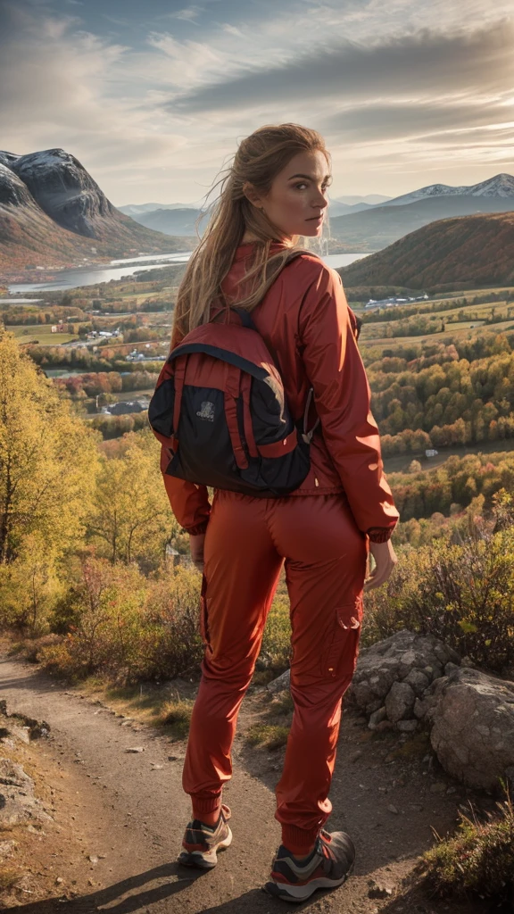 Naturescape photography; mountain climbing; Full body view; (1woman:0.5, solo), (slender body), (Small breasts) , (soaking wet red wind jacket ,Cargo Satin Pants, terrain running shoes, big rucksack), standing on a mountain peak, Rough track, boulders , (long yellow hair), (nordic girl, 26-year-old, ultra delicate face, ultra Beautiful face, ultra delicate eyes, ultra detailed nose, ultra detailed mouth, ultra detailed facial features, natural skin, blemishes, blue eyes), (breasts are small: 0.5) (face is shiny:0.8), (natural skin:1  m, (Spectacular autumn rain, mountain views, with rugged Norwegian mountain ranges in the distance ), (Highest Quality, hyper-realistic:1.3, Super dense, very detailed illustration, Best image quality, very detailed illustration) natural skin, blemishes, detail skin texture, full body pose, natural skin poors, (((shot straight from the behind ))) she is uncomfortable and cold, afraid, sexy Ass, candid Ass,