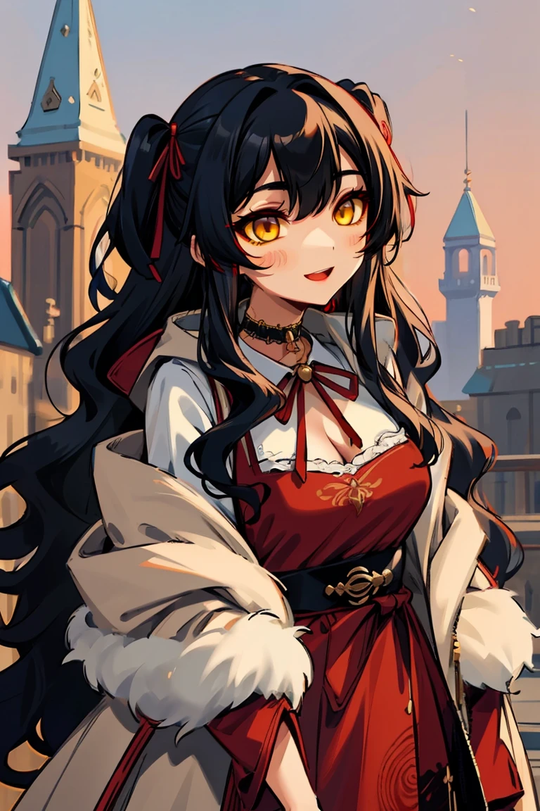 (masterpiece:1.2), (high quality:1.2), (hui xiyi:0.7), rekkyo sensen, rekkyou sensen, girls with((1girl, solo, black hair, yellow eyes, (wavy long hair, one side up:1.54), blush, breasts, choker, cleavage, coat, cowboy shot, dress, lace dress, belt, red bow, red ribbon, neck ribbon, blouse shirt, eyebrows visible through hair, frills, fur, fur-trimmed coat, fur-trimmed hoodie, fur-trimmed jacket, fur-trimmed sleeves, fur coat, fur collar, fur trim, hood down, hooded coat, hooded jacket, hoodie, jacket, large breasts, long hair, long sleeves, medium breasts, open clothes, open coat,open hoodie, sleeveless, winter clothes, winter coat, zipper, cleavage, upper body)), background with((fantasy world, ruin, castle, beautiful sky, shining sky, sunshine))