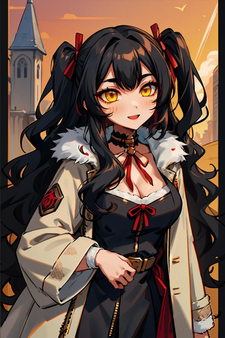 (masterpiece:1.2), (high quality:1.2), (hui xiyi:0.7), rekkyo sensen, rekkyou sensen, girls with((1girl, solo, black hair, yellow eyes, (wavy long hair, one side up:1.54), blush, breasts, choker, cleavage, coat, cowboy shot, dress, lace dress, belt, red bow, red ribbon, neck ribbon, blouse shirt, eyebrows visible through hair, frills, fur, fur-trimmed coat, fur-trimmed hoodie, fur-trimmed jacket, fur-trimmed sleeves, fur coat, fur collar, fur trim, hood down, hooded coat, hooded jacket, hoodie, jacket, large breasts, long hair, long sleeves, medium breasts, open clothes, open coat,open hoodie, sleeveless, winter clothes, winter coat, zipper, cleavage, upper body)), background with((fantasy world, ruin, castle, beautiful sky, shining sky, sunshine))