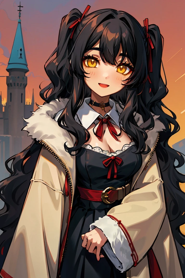 (masterpiece:1.2), (high quality:1.2), (hui xiyi:0.7), rekkyo sensen, rekkyou sensen, girls with((1girl, solo, black hair, yellow eyes, (wavy long hair, one side up:1.54), blush, breasts, choker, cleavage, coat, cowboy shot, dress, lace dress, belt, red bow, red ribbon, neck ribbon, blouse shirt, eyebrows visible through hair, frills, fur, fur-trimmed coat, fur-trimmed hoodie, fur-trimmed jacket, fur-trimmed sleeves, fur coat, fur collar, fur trim, hood down, hooded coat, hooded jacket, hoodie, jacket, large breasts, long hair, long sleeves, medium breasts, open clothes, open coat,open hoodie, sleeveless, winter clothes, winter coat, zipper, cleavage, upper body)), background with((fantasy world, ruin, castle, beautiful sky, shining sky, sunshine))