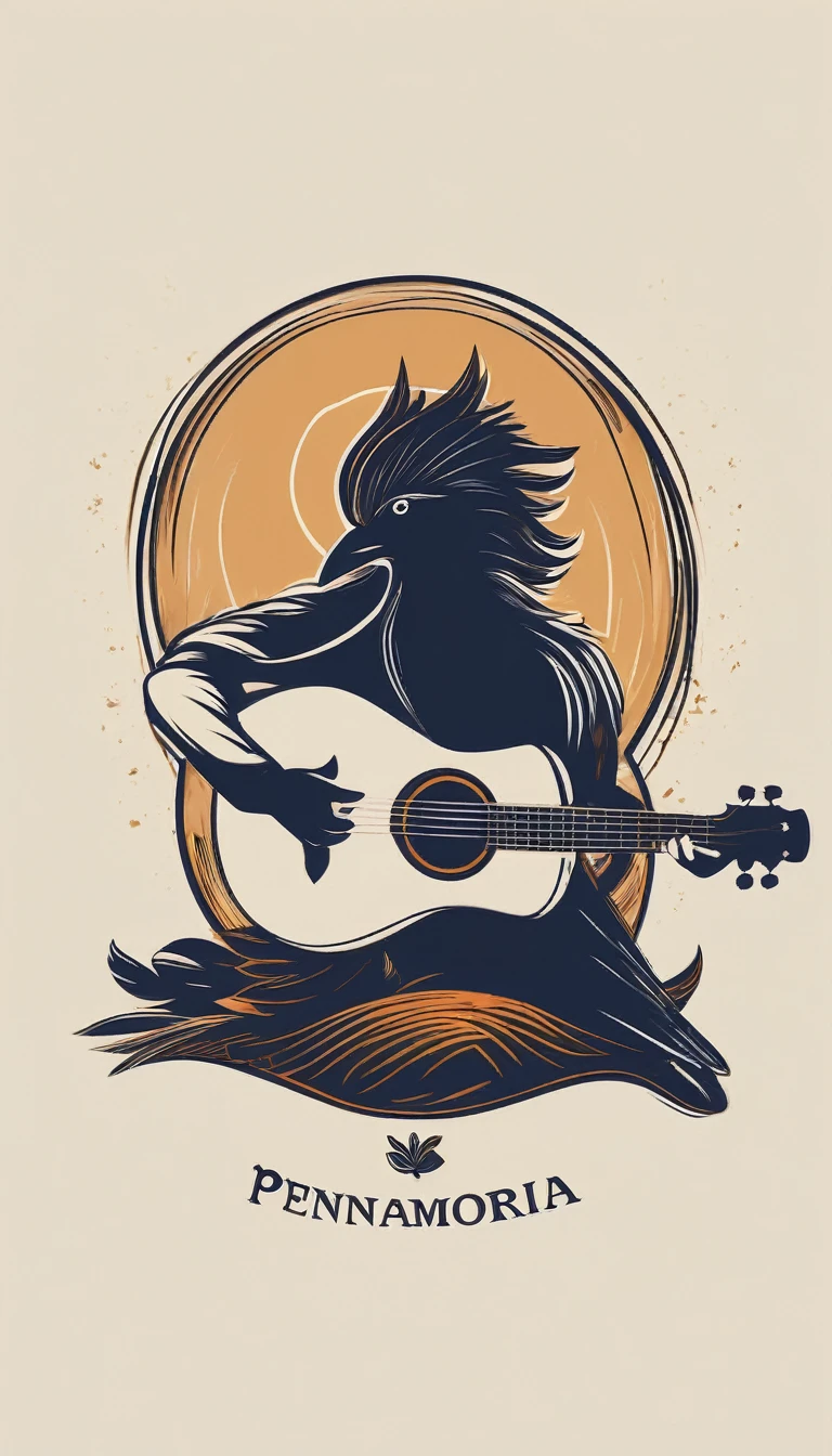 A minimal, modern, simple, cinematic logotype for the brand “Penamemoria". The logotype must be a simple, magical feather and a boy playing acoustic guitar. The logo must convey a sense of music, stories and dreams. Logo design impressed on a book cover. Minimalistic logo