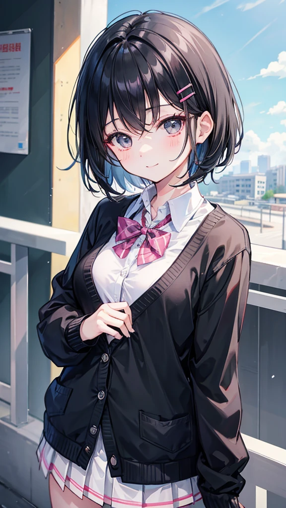 Short black hair and dark eyes、primary school student, girl、Small Breasts、Smile、、knitted cardigan、There are bright spots around the eyes、cute hairpin、I can see the whole body、School