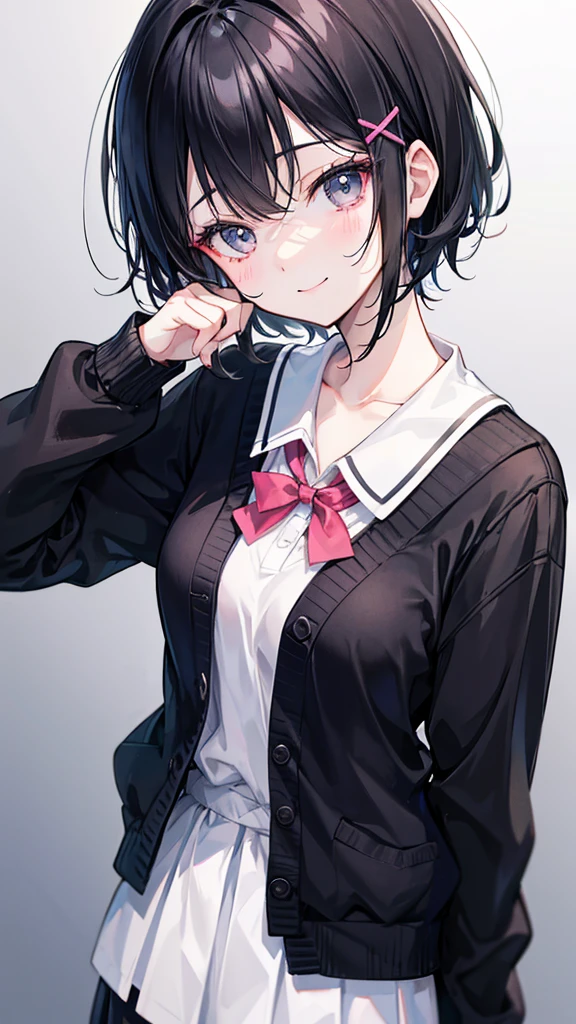 Short black hair and dark eyes、primary school student， girl、Small Breasts、Smile、、knitted cardigan、There are bright spots around the eyes、cute hairpin、I can see the whole body、School