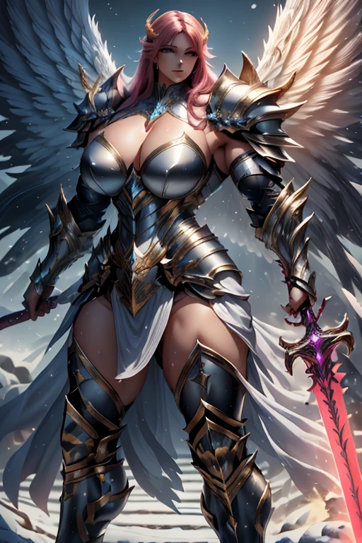 ((Massive beautiful, buff, light brown skinned muscular paladin woman with shocking pink hair, giant angel wings, black lipstick, ginormous bulky muscles, carrying a giant sword and wearing angel white paladin knight armored with a long tiered skirt)), ((close view)), large breast, massive muscles, massive biceps, hyper muscle shoulders, hyper muscle triceps, (angled bob cut), (giant angel wings), red eyes, (Paladin boots), (angel metal armor), holy breastplate, (angel gauntlets), (holy Shoulder armor), closed smile, (in a heavenly castle), snowfall, Vascular arms, hyper muscles arms, hyper muscle legs, massive buff arms.