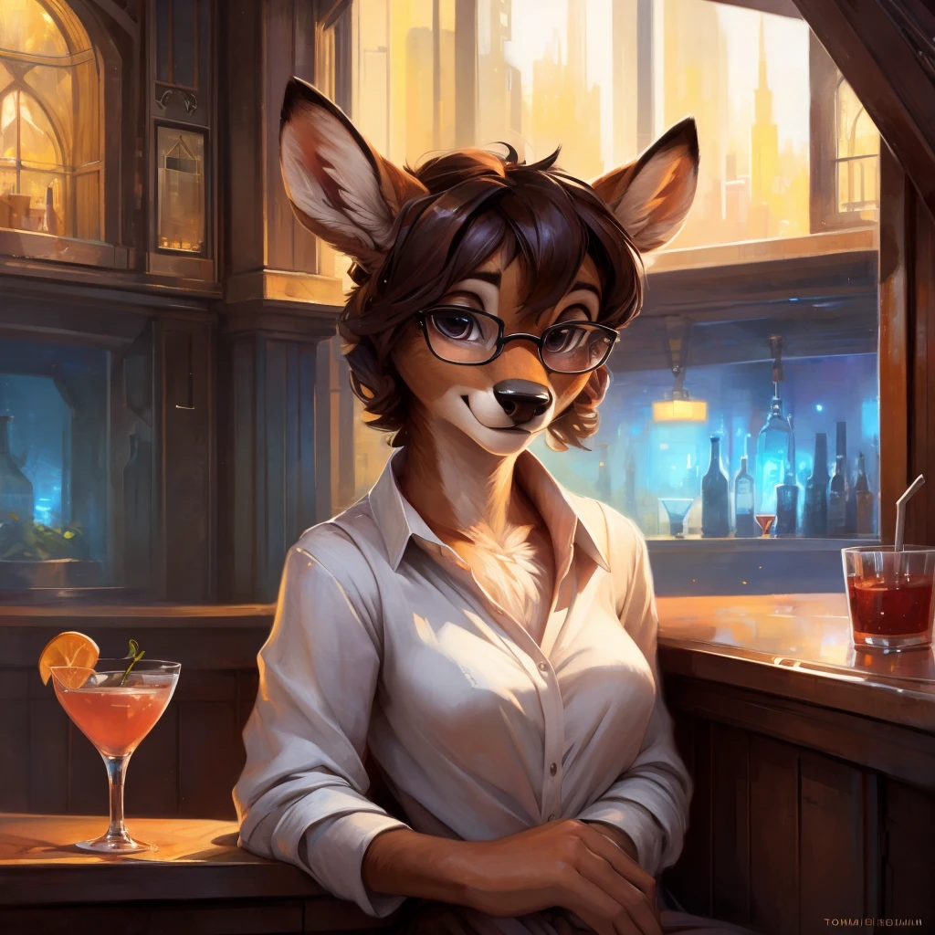 uploaded on e621, by Pixelsketcher, by Bayard Wu, by Thomas Benjamin Kennington , by Einshelm, by hioshiru and kenket, Chunie, portrait, solo anthro female deer doe, tiny featureless breasts, tiny breasts, clear dark blue, cinematic lighting, sitting on a bar counter, sitting inside at a party bar, night club background, shiny, short curly dark brown hair, shoulder length hair, wears big black nerd glasses, very very beautiful furry art, furry art, thoughtful, shiny, feminine, cute face, muzzle, fluffy chest, flawless face, Fallow deer, 1girl, Sakimichan is beautiful, Masterpiece, Wavethesallow Face, shiny, Detailed image, Detailed background, portrait, Detailed image, portrait, wears pure white wide, big blouse, shiny, realistic face, perfect anatomy, hourglass body, anthropomorphic deer, happy, very happy, small ears, huge black nerd glasses, wide happy eyes, smiles, big smile, holdind a cocktail glass, hourglass body, (furry body:1.1), anthropomorphic deer, small fluffy tail, detailed background, (cute anatomy:1.1), looks into the distance, sexy, sexy look
