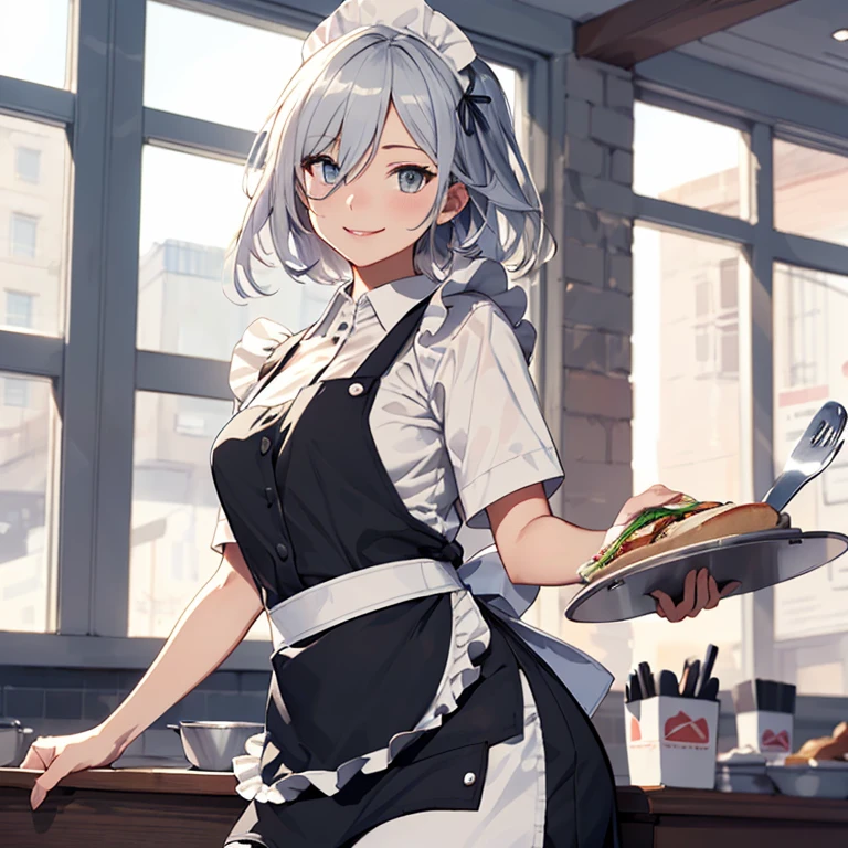 
verniy, grey hair, waitress at fast-food,(waitress uniform:1.4),(apron:1.4),
,(masterpiece:1.4),(best quality:1.4), (amazing), (great illustration:1.4), (ultra-detailed:1.4), (art CG, 8K)
,(hold a tray of orders :1.4),fast-food restaurant,(smile:1.4),1girl,solo,