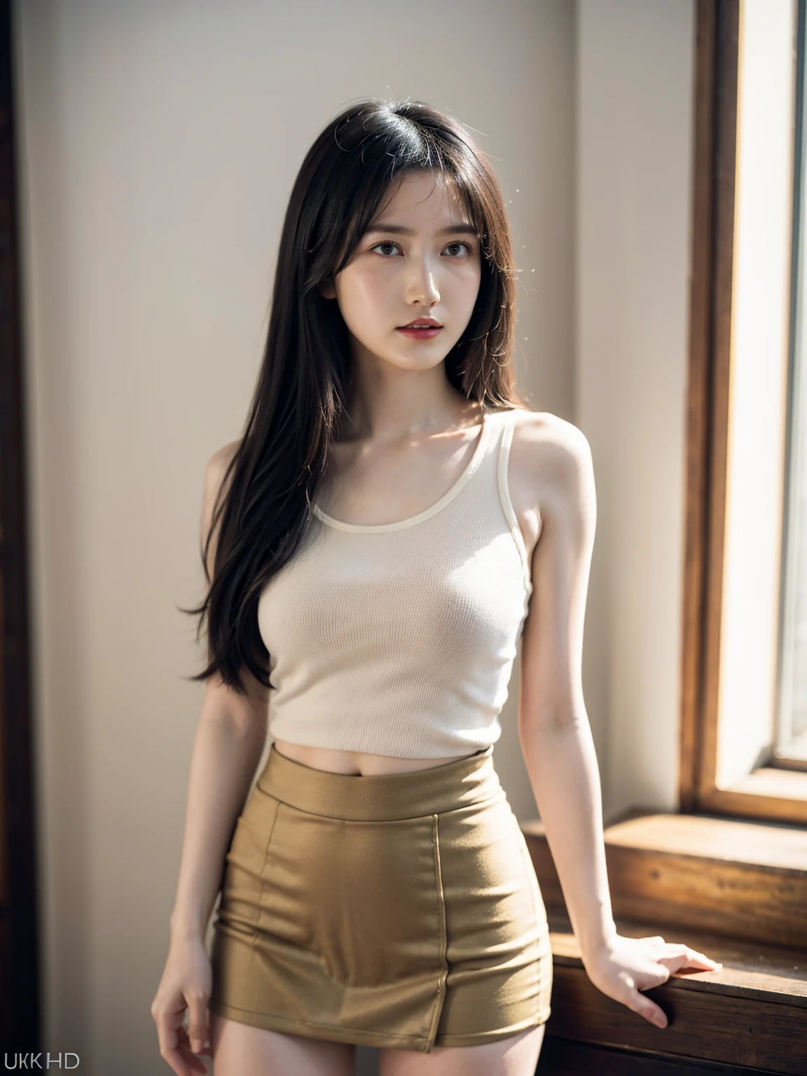 1girl, woman, masterpiece, best quality, highest quality, cinematic lighting, (volumetric lighting), extremely detailed CG unity 8k wallpaper, focused, 8k wallpaper, extremely detailed, ultra realistic, photorealistic, sharp focus, absurdres, (HDR:1.2), (high contrast), photograph, detailed and intricate, instagram, portrait, highly detailed, digital painting, artstation, concept art, smooth, sharp focus, illustration, cinematic lighting, (golden ratio of breast size), ((medium shoulder)), (skinny legs), (slender body), (height 163cm), (HQ skin:1.4), (knit strap tank top, short skirt), ((show thighs)), ((long hair)), (hips shot, hip level shot), medium shot.