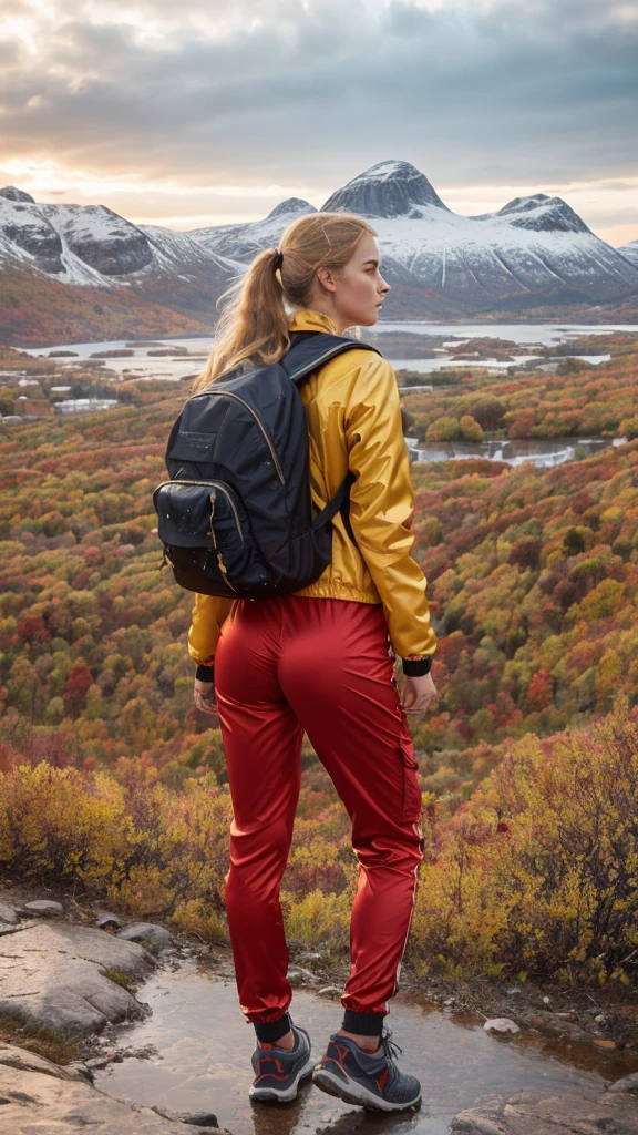 Naturescape photography; mountain climbing; Full body view; (1woman:0.5, solo), (slender body), (Small breasts) , (soaking wet red wind jacket ,tight cargo satin Pants, terrain running shoes, big rucksack), standing on a mountain peak, Rough track, boulders , (long yellow hair), (nordic girl, 26-year-old, ultra delicate face, ultra Beautiful face, ultra delicate eyes, ultra detailed nose, ultra detailed mouth, ultra detailed facial features, natural skin, blemishes, blue eyes), (breasts are small: 0.5) (face is shiny:0.8), (natural skin:1  m, (Spectacular autumn rain, mountain views, with rugged Norwegian mountain ranges in the distance ), (Highest Quality, hyper-realistic:1.3, Super dense, very detailed illustration, Best image quality, very detailed illustration) natural skin, blemishes, detail skin texture, full body pose, natural skin poors, (((shot straight from the behind ))) she is uncomfortable and cold, afraid, sexy Ass, candid Ass,