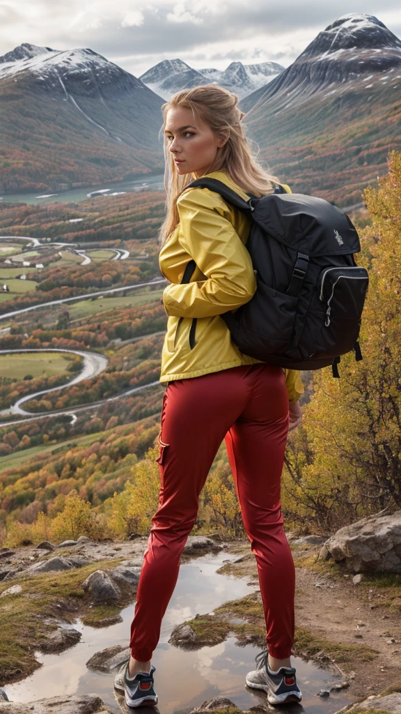 Naturescape photography; mountain climbing; Full body view; (1woman:0.5, solo), (slender body), (Small breasts) , (soaking wet red wind jacket ,tight cargo satin Pants, terrain running shoes, big rucksack), standing on a mountain peak, Rough track, boulders , (long yellow hair), (nordic girl, 26-year-old, ultra delicate face, ultra Beautiful face, ultra delicate eyes, ultra detailed nose, ultra detailed mouth, ultra detailed facial features, natural skin, blemishes, blue eyes), (breasts are small: 0.5) (face is shiny:0.8), (natural skin:1  m, (Spectacular autumn rain, mountain views, with rugged Norwegian mountain ranges in the distance ), (Highest Quality, hyper-realistic:1.3, Super dense, very detailed illustration, Best image quality, very detailed illustration) natural skin, blemishes, detail skin texture, full body pose, natural skin poors, (((shot straight from the behind ))) she is uncomfortable and cold, afraid, sexy Ass, candid Ass,