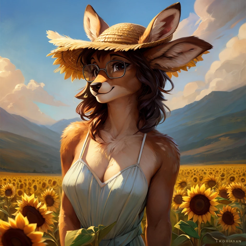 uploaded on e621, by Pixelsketcher, by Bayard Wu, by Thomas Benjamin Kennington , by Einshelm, by hioshiru and kenket, Chunie, portrait, solo anthro female deer doe, with small featureless breasts, clear dark blue, cinematic lighting, day, sunny day, sunflower field, stands in a high sunflower field, sunflower field background, sunflowers, mediterranean background, horizon background, shiny, short curly dark brown hair, wears big black nerd glasses, very very beautiful furry art, furry art, smiling, joyful, shiny, happy, feminine, cute face, muzzle, fluffy chest, flawless face, Fallow deer, 1girl, Sakimichan is beautiful, Masterpiece, Wavethesallow Face, shiny, Detailed image, portrait, Detailed image, portrait, full body, wearing pure white and wide spaghetti straps dress, wearing big and wide beige summer straw hat, shiny, realistic face, perfect anatomy, hourglass body, (furry body:1.1), anthropomorphic deer, looks at the viewer, small fluffy tail, detailed background, (cute anatomy:1.1)
