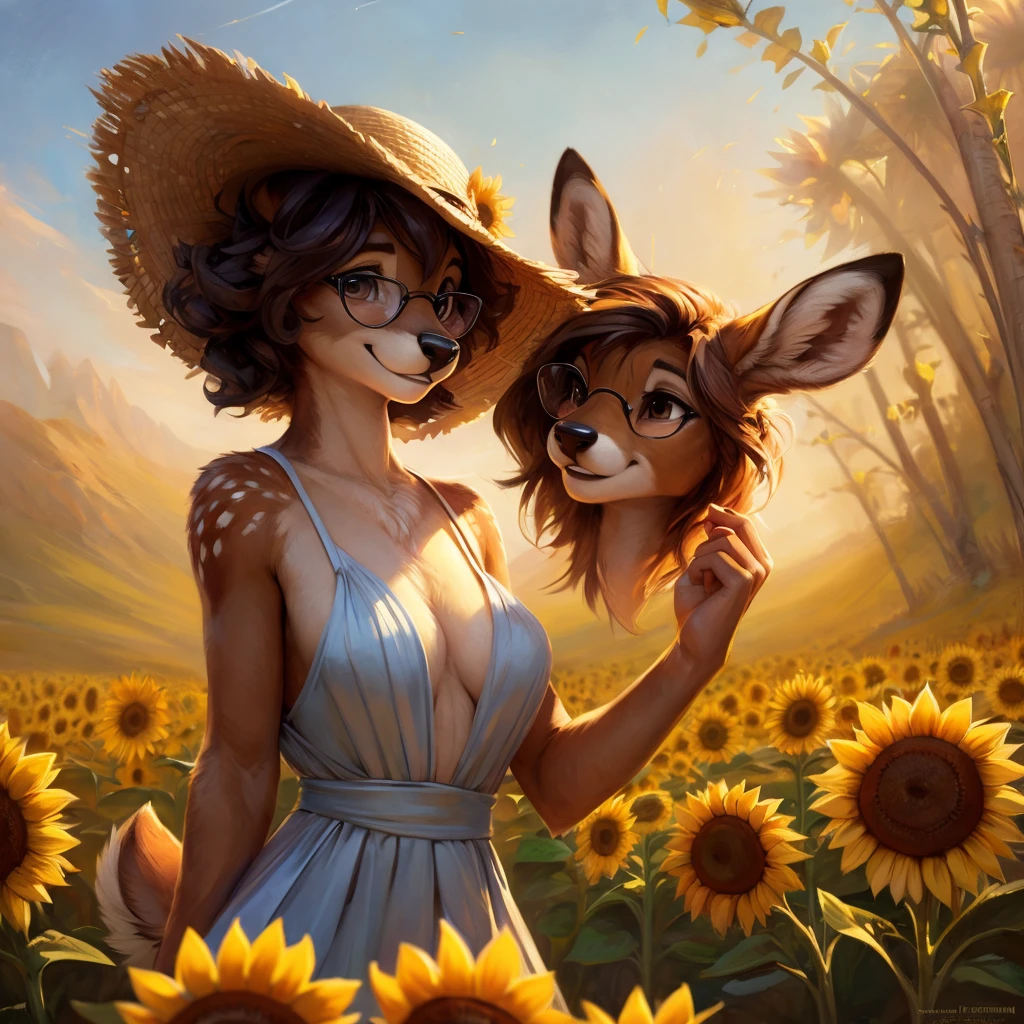 uploaded on e621, by Pixelsketcher, by Bayard Wu, by Thomas Benjamin Kennington , by Einshelm, by hioshiru and kenket, Chunie, portrait, solo anthro female deer doe, with small featureless breasts, clear dark blue, cinematic lighting, day, sunny day, sunflower field, stands in a high sunflower field, sunflower field background, sunflowers, mediterranean background, horizon background, shiny, short curly dark brown hair, wears big black nerd glasses, very very beautiful furry art, furry art, smiling, joyful, shiny, happy, feminine, cute face, muzzle, fluffy chest, flawless face, Fallow deer, 1girl, Sakimichan is beautiful, Masterpiece, Wavethesallow Face, shiny, Detailed image, portrait, Detailed image, portrait, full body, wearing pure white and wide spaghetti straps dress, wearing big and wide beige summer straw hat, shiny, realistic face, perfect anatomy, hourglass body, (furry body:1.1), anthropomorphic deer, looks at the viewer, small fluffy tail, detailed background, (cute anatomy:1.1)