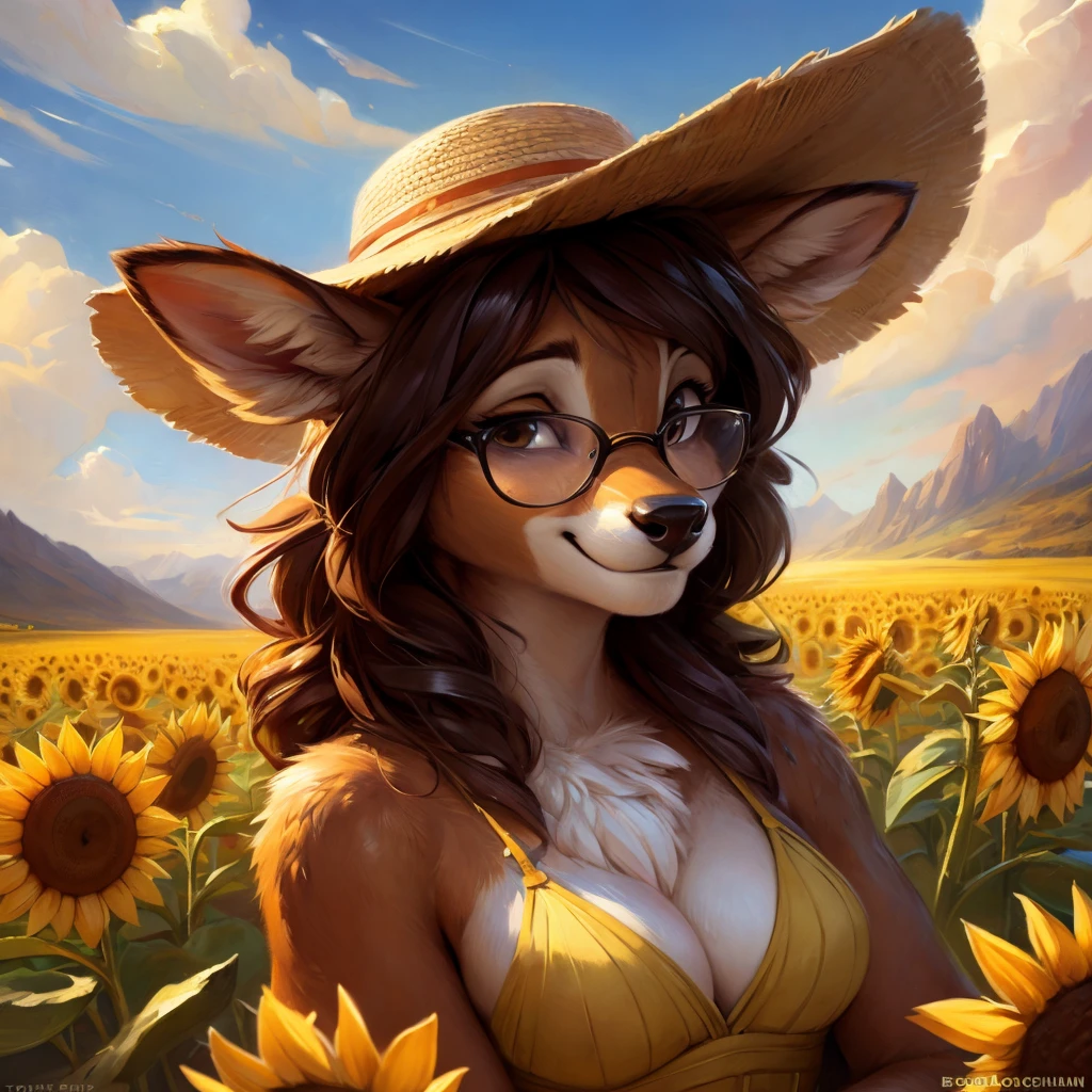 uploaded on e621, by Pixelsketcher, by Bayard Wu, by Thomas Benjamin Kennington , by Einshelm, by hioshiru and kenket, Chunie, portrait, solo anthro female deer doe, with small featureless breasts, clear dark blue, cinematic lighting, day, sunny day, sunflower field, stands in a high sunflower field, sunflower field background, sunflowers, mediterranean background, horizon background, shiny, short curly dark brown hair, wears big black nerd glasses, very very beautiful furry art, furry art, smiling, joyful, shiny, happy, feminine, cute face, muzzle, fluffy chest, flawless face, Fallow deer, 1girl, Sakimichan is beautiful, Masterpiece, Wavethesallow Face, shiny, Detailed image, portrait, Detailed image, portrait, full body, wearing pure white and wide spaghetti straps dress, wearing big and wide beige summer straw hat, shiny, realistic face, perfect anatomy, hourglass body, (furry body:1.1), anthropomorphic deer, looks at the viewer, small fluffy tail, detailed background, (cute anatomy:1.1)